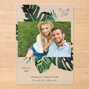 Invitations En Acrylique Feuille de palme tropicale Enregistrer la date Pho