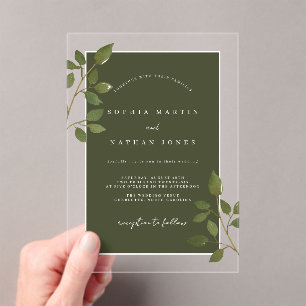 Invitations En Acrylique Feuille de vert olive Moderne Mariage Minimaliste