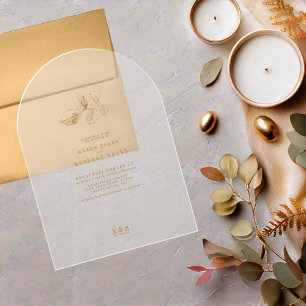 Invitations En Acrylique Feuille Dorée Mariage Or/Bourgogne ID655