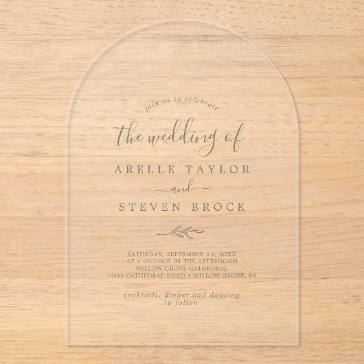 Invitations En Acrylique Feuille verte minimale Mariage botanique simple mo (Recto)