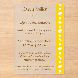 Invitations En Acrylique Feuilles d'automne en jaune Acrylique Mariage