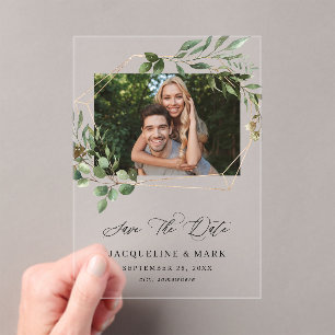 Invitations En Acrylique Feuilles & Eucalyptus Gold H Photo Enregistrer la 