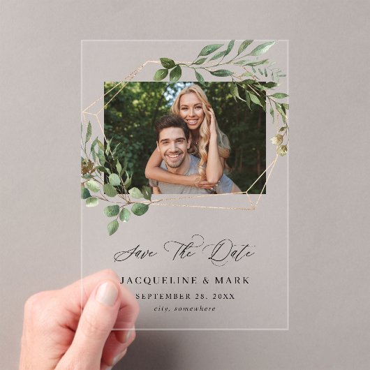 Invitations En Acrylique Feuilles & Eucalyptus Gold H Photo Enregistrer la  (In situ (ordinateur de poche))