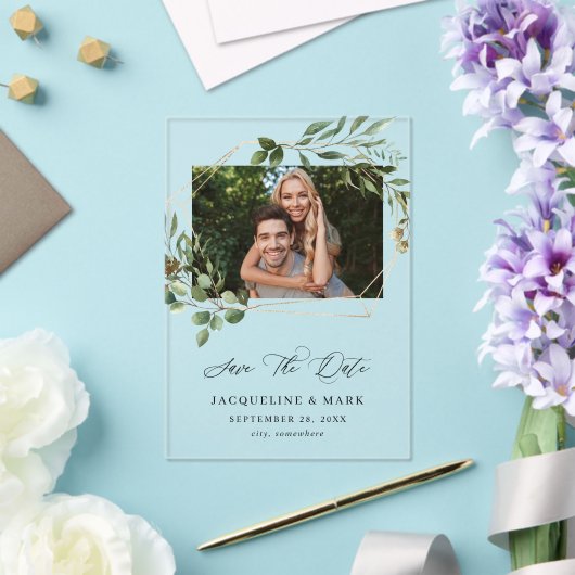 Invitations En Acrylique Feuilles & Eucalyptus Gold H Photo Enregistrer la  (Insitu (Mariage))