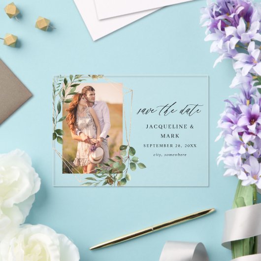Invitations En Acrylique Feuilles & Eucalyptus Gold V Photo Enregistrer la (Insitu (Mariage))