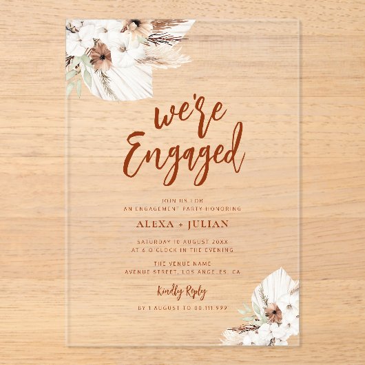 Invitations En Acrylique fiançailles en terre cuite boho pampas (Recto)