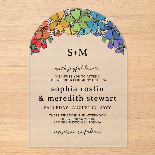 Invitations En Acrylique Fierté Fleurs Arch Monogram LGBT Mariage (Recto)