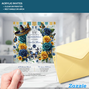 Invitations En Acrylique Fiesta Floral Papillons QUINCEANERA Clear