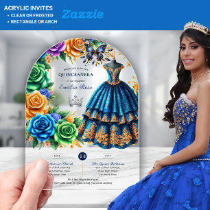Invitations En Acrylique Fiesta Quinceanera Papillons Floraux Or Bleu
