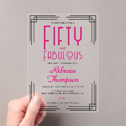 Invitations En Acrylique Fifty and Fabulous Hot Pink Art Deco 50th Birthday