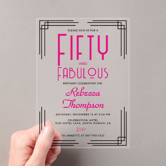 Invitations En Acrylique Fifty and Fabulous Hot Pink Art Deco 50th Birthday (In situ (ordinateur de poche))