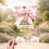 Invitations En Acrylique Fille à fleurs crème avec noeud rose clair Baptême