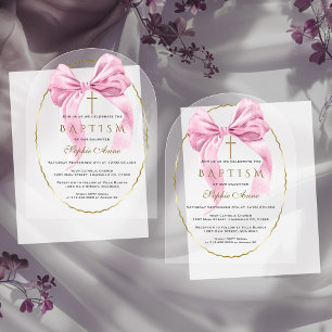 Invitations En Acrylique Fille à l'arc rose aquarelle Baptême Transparent