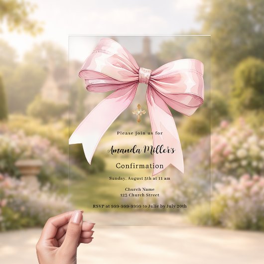 Invitations En Acrylique Fille à l'arc rose clair Confirmation