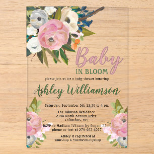 Invitations En Acrylique Fille Bébé Rose Florale en Fleur Peinte à la Main