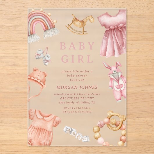 Invitations En Acrylique Fille Boho Baby shower de la crèche (Recto)