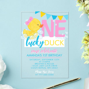 Invitations En Acrylique Fille Canard Chanceux Aquarelle 1er Anniversaire