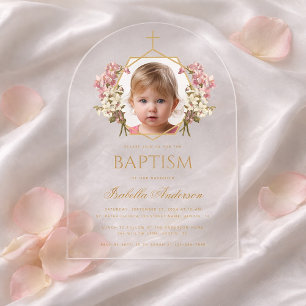 Invitations En Acrylique Fille de baptême Photo Rose et Or Floral Géométriq