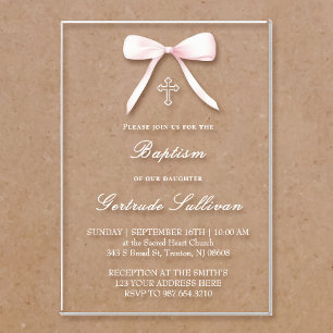 Invitations En Acrylique fille de baptême ruban rose