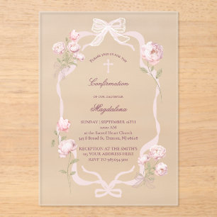 Invitations En Acrylique fille de confirmation aux pivoines roses