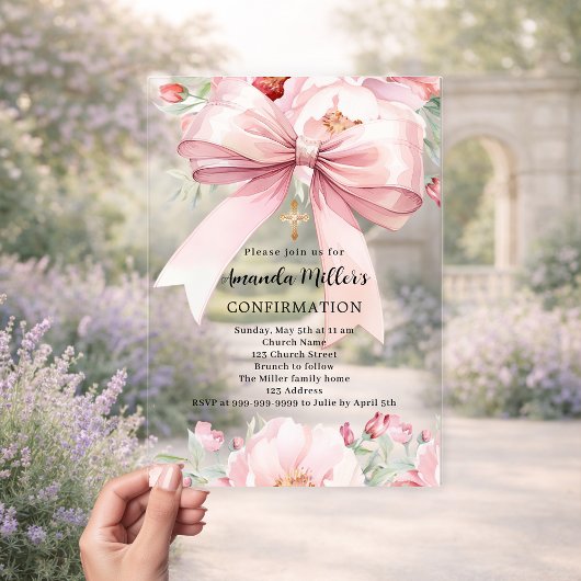 Invitations En Acrylique Fille de fleurs à ruban rose clair Confirmation