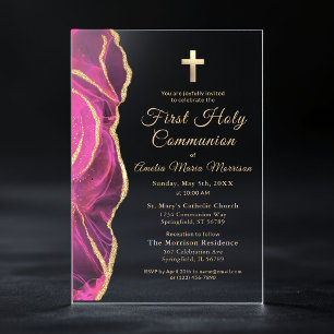 Invitations En Acrylique Fille de la Première Sainte Communion en Agate Or