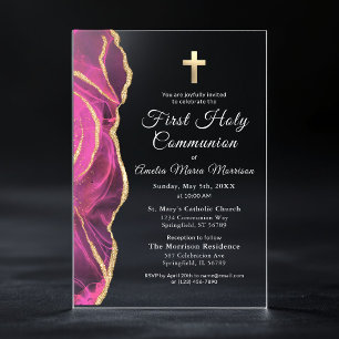 Invitations En Acrylique Fille de la Première Sainte Communion en Agate Or