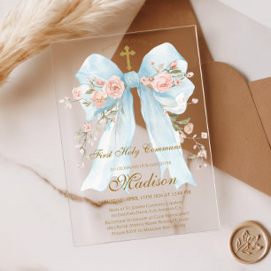 Invitations En Acrylique Fille de première communion au nœud bleu floral