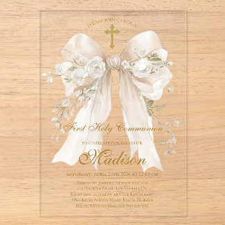 Invitations En Acrylique Fille de première communion élégant nœud en ivoire
