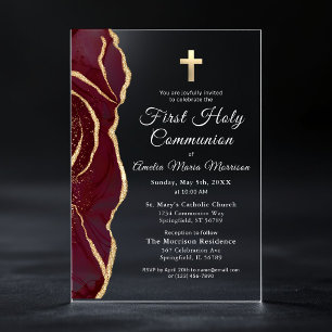 Invitations En Acrylique Fille de Première Sainte Communion en Agate Or Bou