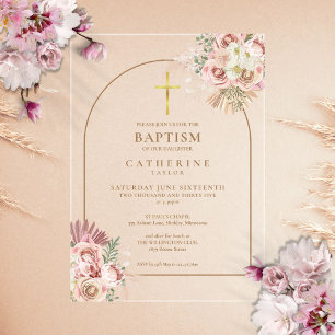 Invitations En Acrylique Fille d'herbe de Pampas en or rose Baptême Christe