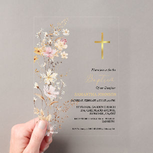 Invitations En Acrylique Fille élégante de baptême de fleur sauvage
