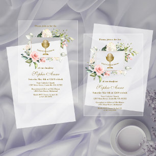 Invitations En Acrylique Fille Fleur Rose Élégante Sainte Communion