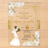 Invitations En Acrylique Fille Fleurs Blanches Dorées Première Sainte Commu (Recto)