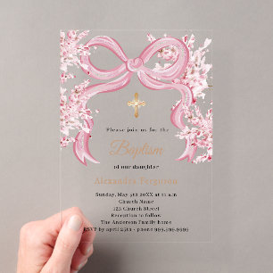 Invitations En Acrylique Fille florales à ruban rose clair Baptême