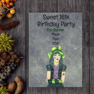 Invitations En Acrylique Fille gothique Chapeau vert Tatouages Brillant Ann