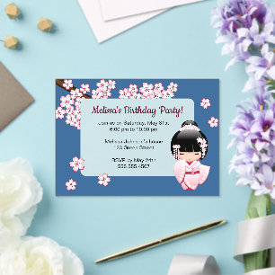 Invitations En Acrylique Fille Kokeshi Rose Fenêtre Transparente Anniversai
