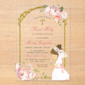 Invitations En Acrylique Fille priant l'or première sainte communion cheveu (Recto)