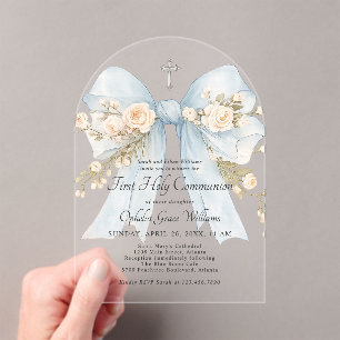Invitations En Acrylique Fille Robe Fleurie Bleu Poussiéreux avec Nœud Prem