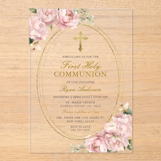 Invitations En Acrylique Fille rose Fleur Première Sainte Communion Croix d (Recto)