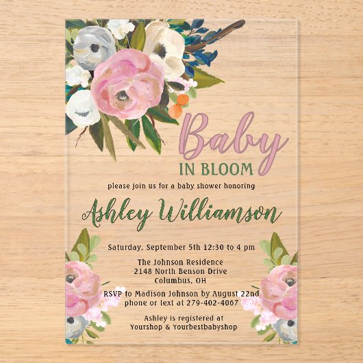 Invitations En Acrylique Fille rose florale bébé dans la main fleurie peint (Recto)