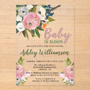 Invitations En Acrylique Fille Rose Florale Bébé en Fleur Peinte à la Main 
