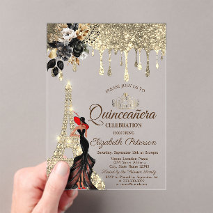 Invitations En Acrylique Fille Roses Noires Tour Eiffel Or Dégoulinant Roug