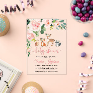 Invitations En Acrylique Fille Savane Baby Shower Animaux de la Forêt Rose