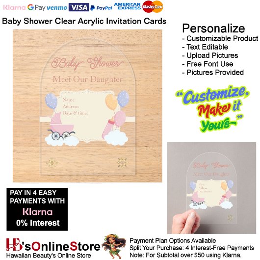 Invitations En Acrylique Filles Baby shower clair Acrylique carte d'invitat