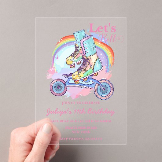 Invitations En Acrylique Filles Roller Patinage rose fête d'anniversaire (In situ (ordinateur de poche))