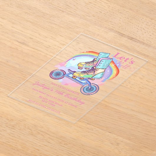 Invitations En Acrylique Filles Roller Patinage rose fête d'anniversaire (Poser)