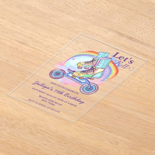 Invitations En Acrylique Filles Roller Patinage violet fête d'anniversaire (Poser)