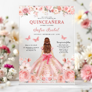 Invitations En Acrylique Fillette de 15 ans Rose Florale Papillon Rose Clai