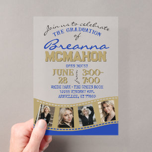 Invitations En Acrylique Film photo de remise des diplômes bleu et or givré